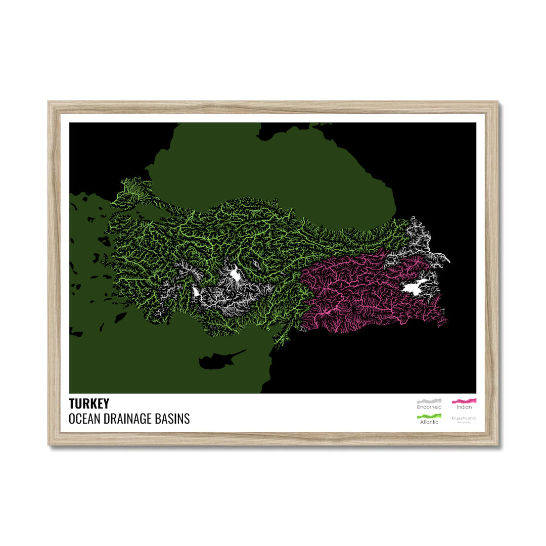 Turkey - Ocean drainage basin map, black with legend v2 - Framed Print