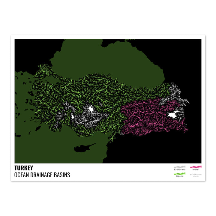Turkey - Ocean drainage basin map, black with legend v2 - Fine Art Print