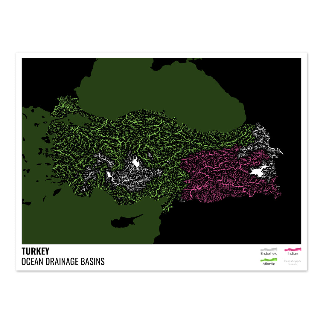 Turquie - Carte des bassins hydrographiques océaniques, noire avec légende v2 - Tirage photo artistique