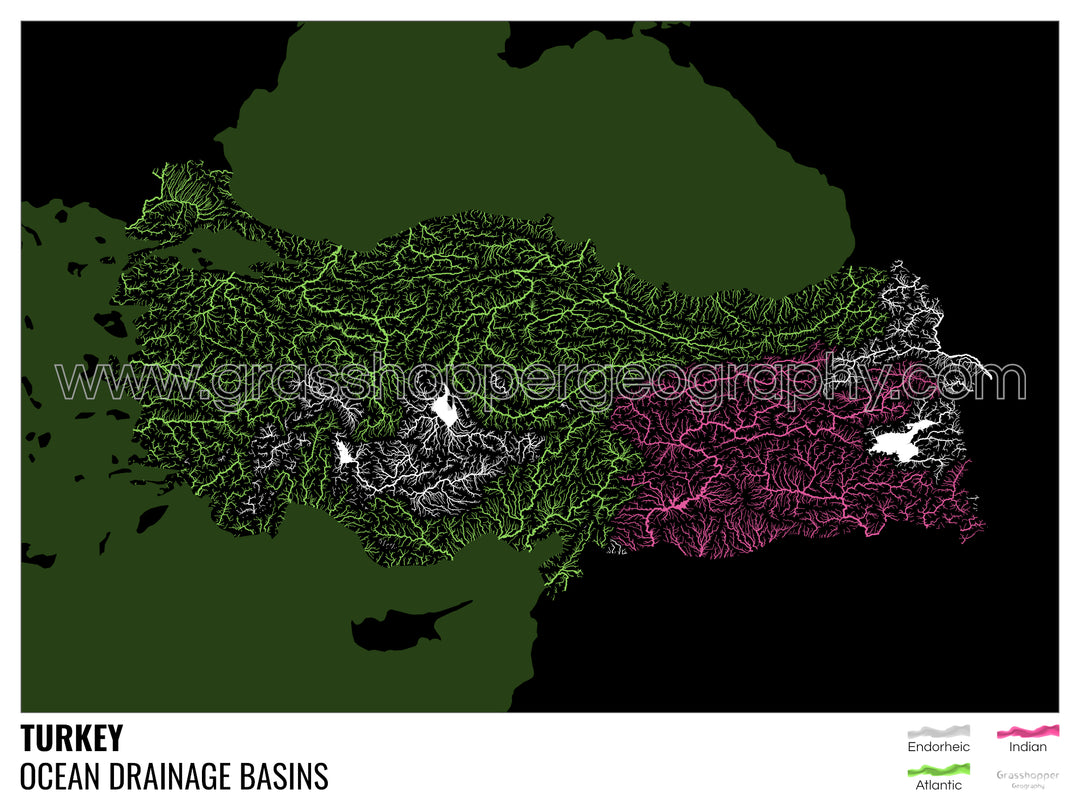Turquie - Carte des bassins hydrographiques océaniques, noire avec légende v2 - Fine Art Print