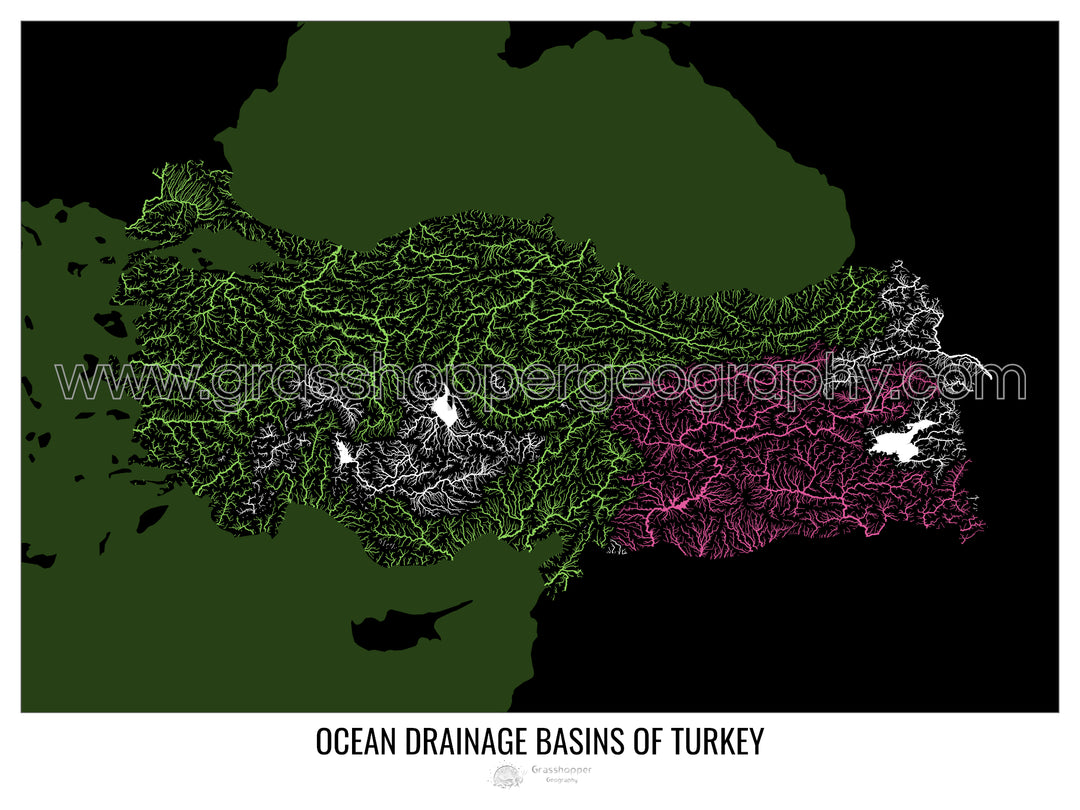 Turquie - Carte des bassins hydrographiques océaniques, noir v2 - Tirage photo artistique