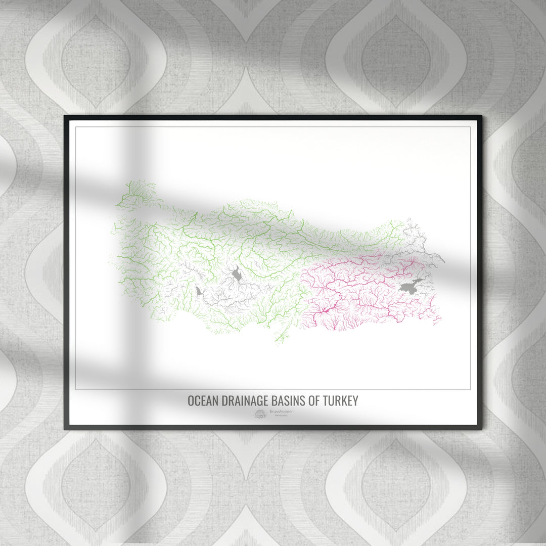 Turquía - Mapa de la cuenca hidrográfica del océano, blanco v1 - Impresión de bellas artes