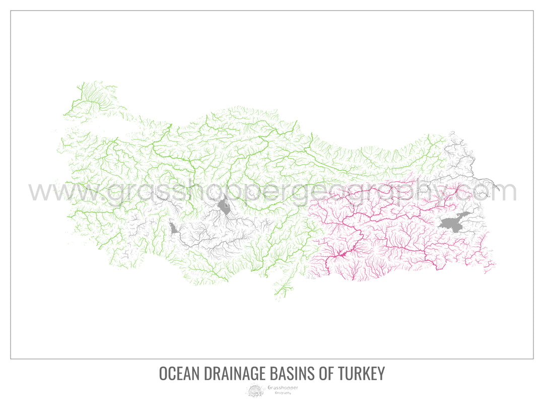 Turquía - Mapa de la cuenca hidrográfica del océano, blanco v1 - Impresión de bellas artes