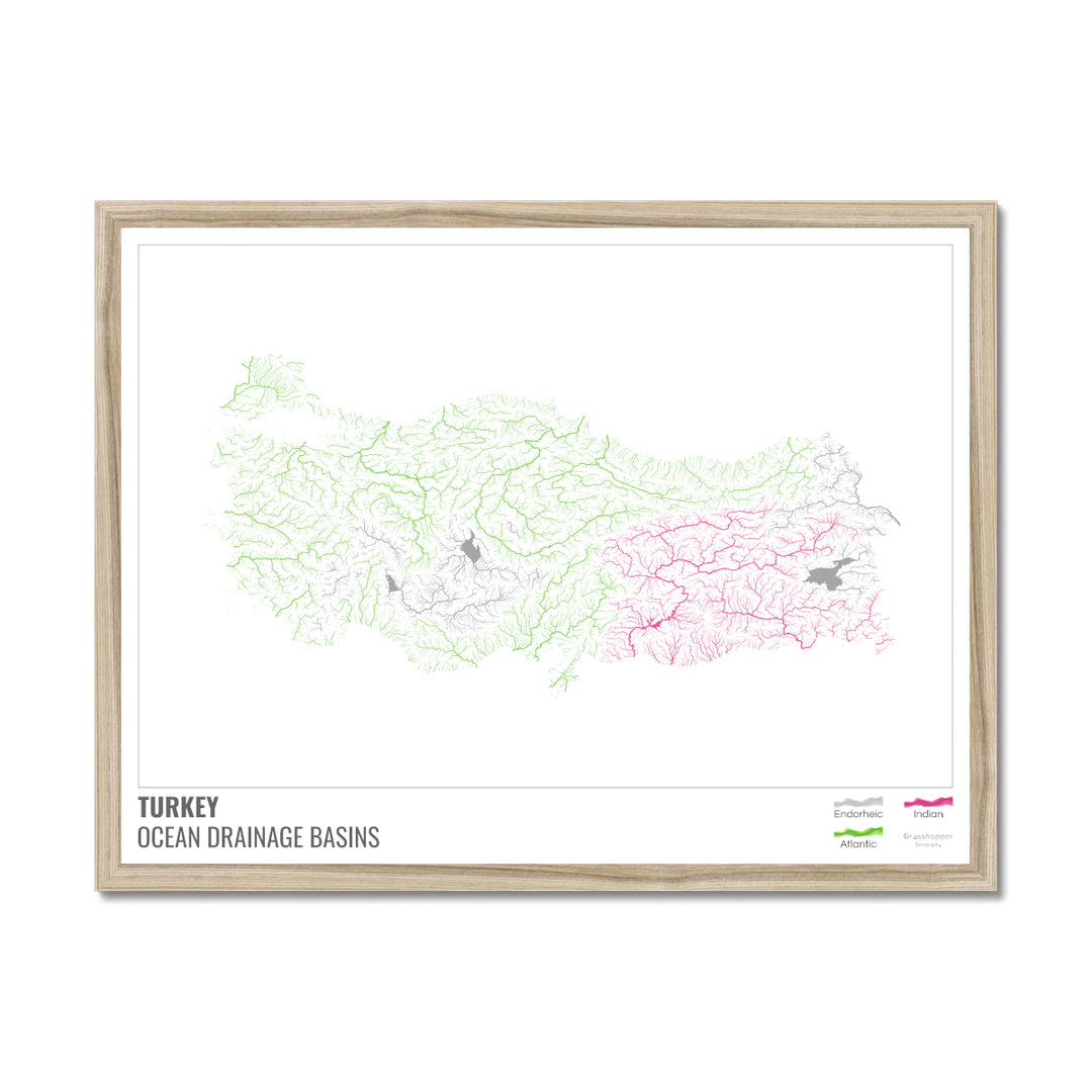 Turkey - Ocean drainage basin map, white with legend v1 - Framed Print