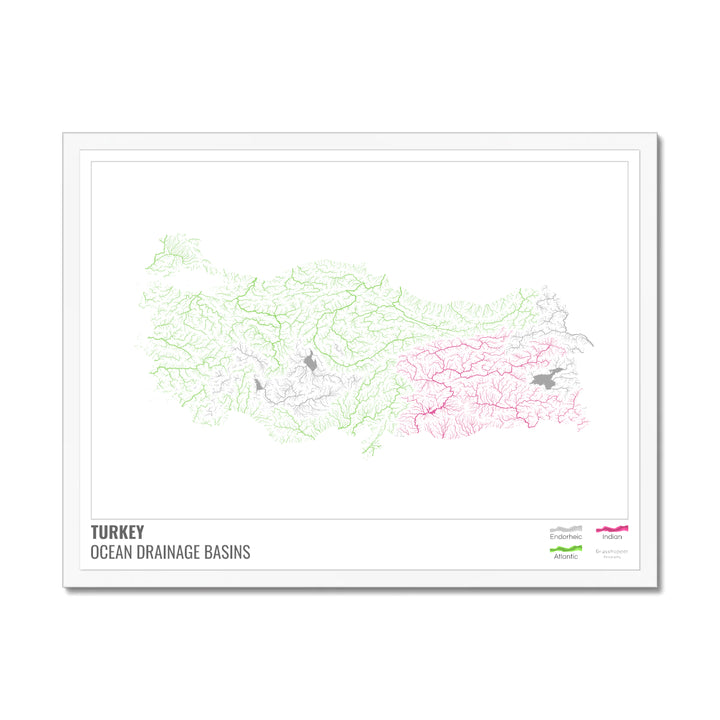 Turkey - Ocean drainage basin map, white with legend v1 - Framed Print