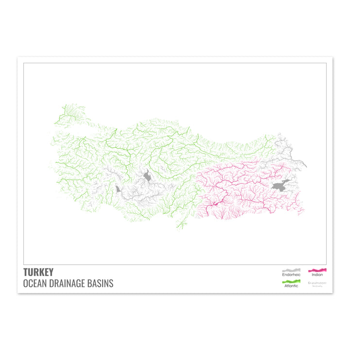 Turquía - Mapa de la cuenca hidrográfica del océano, blanco con leyenda v1 - Impresión de bellas artes