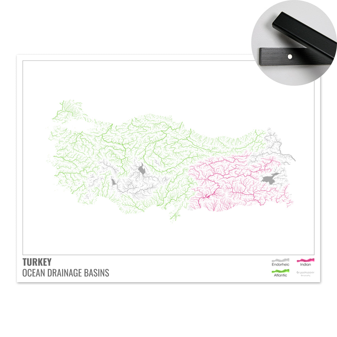 Turquie - Carte du bassin versant océanique, blanche avec légende v1 - Tirage d'art avec cintre