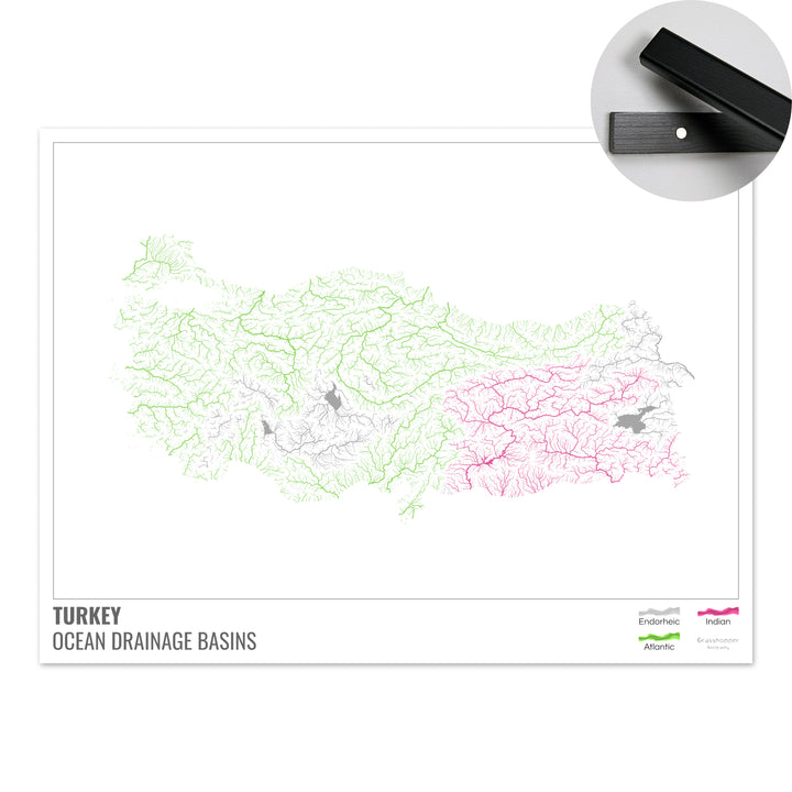 Turquie - Carte du bassin versant océanique, blanche avec légende v1 - Tirage d'art avec cintre