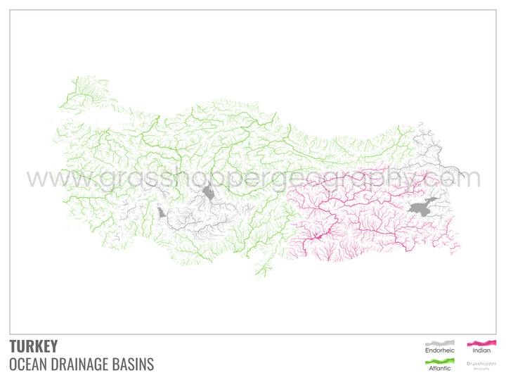 Turquía - Mapa de la cuenca hidrográfica del océano, blanco con leyenda v1 - Impresión de bellas artes