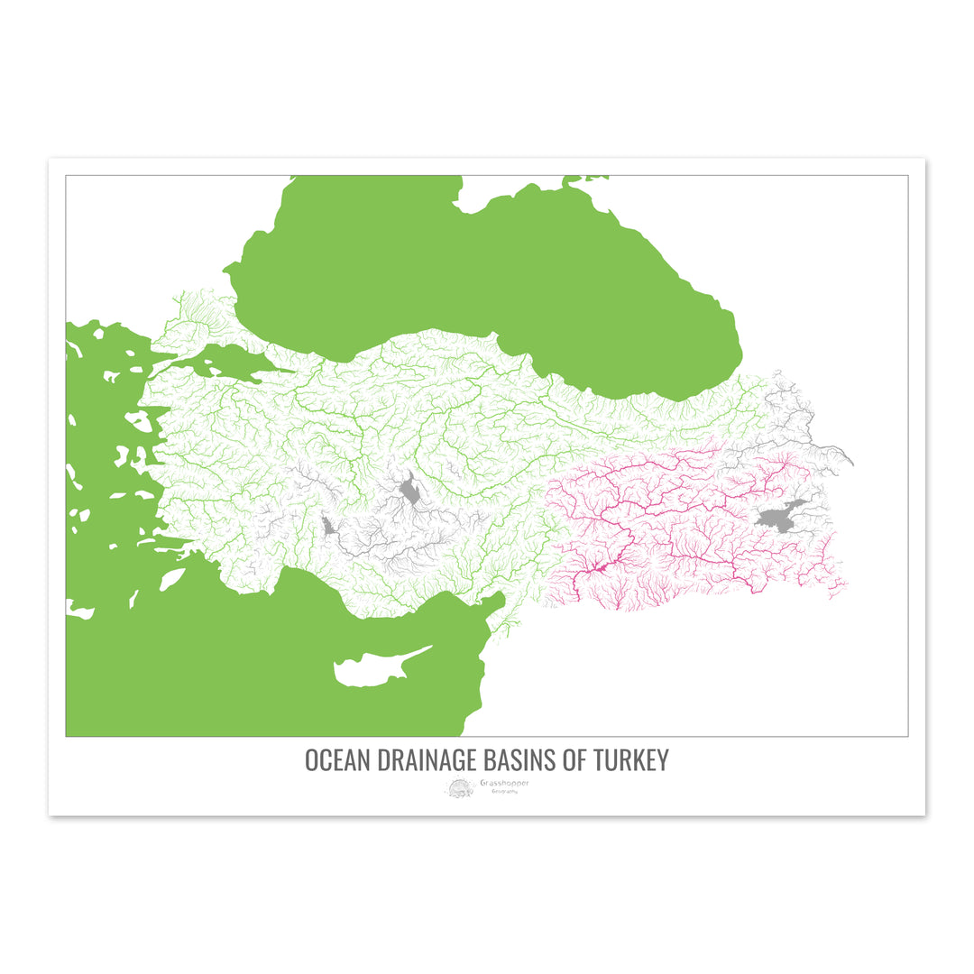 Turquía - Mapa de la cuenca hidrográfica del océano, blanco v2 - Impresión de bellas artes