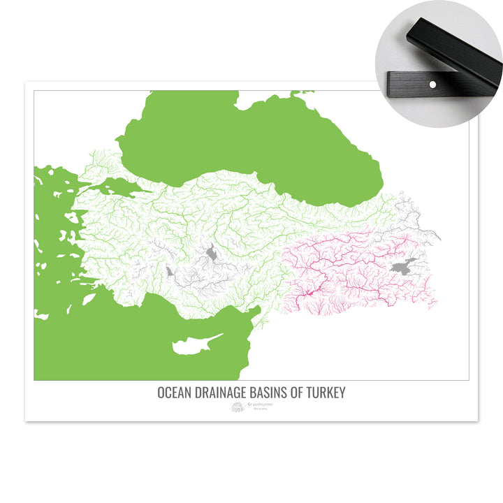 Turquía - Mapa de la cuenca hidrográfica del océano, blanco v2 - Impresión artística con colgador