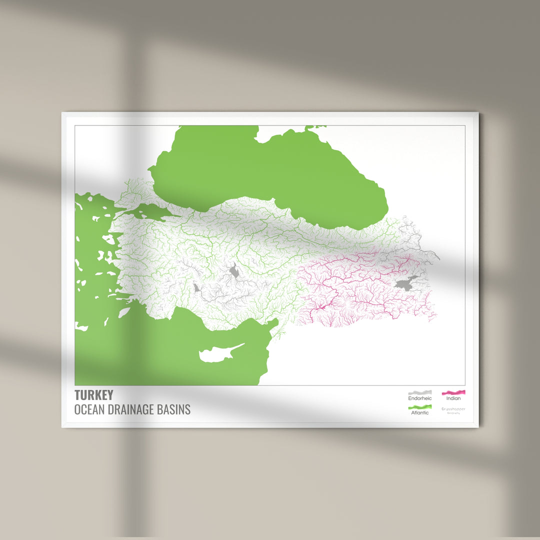 Turquie - Carte des bassins hydrographiques océaniques, blanche avec légende v2 - Tirage photo artistique