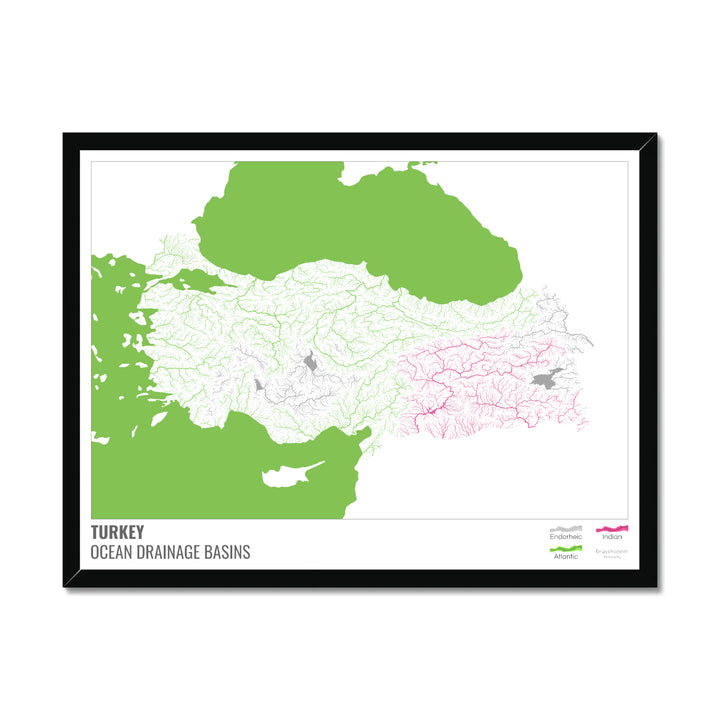 Turkey - Ocean drainage basin map, white with legend v2 - Framed Print