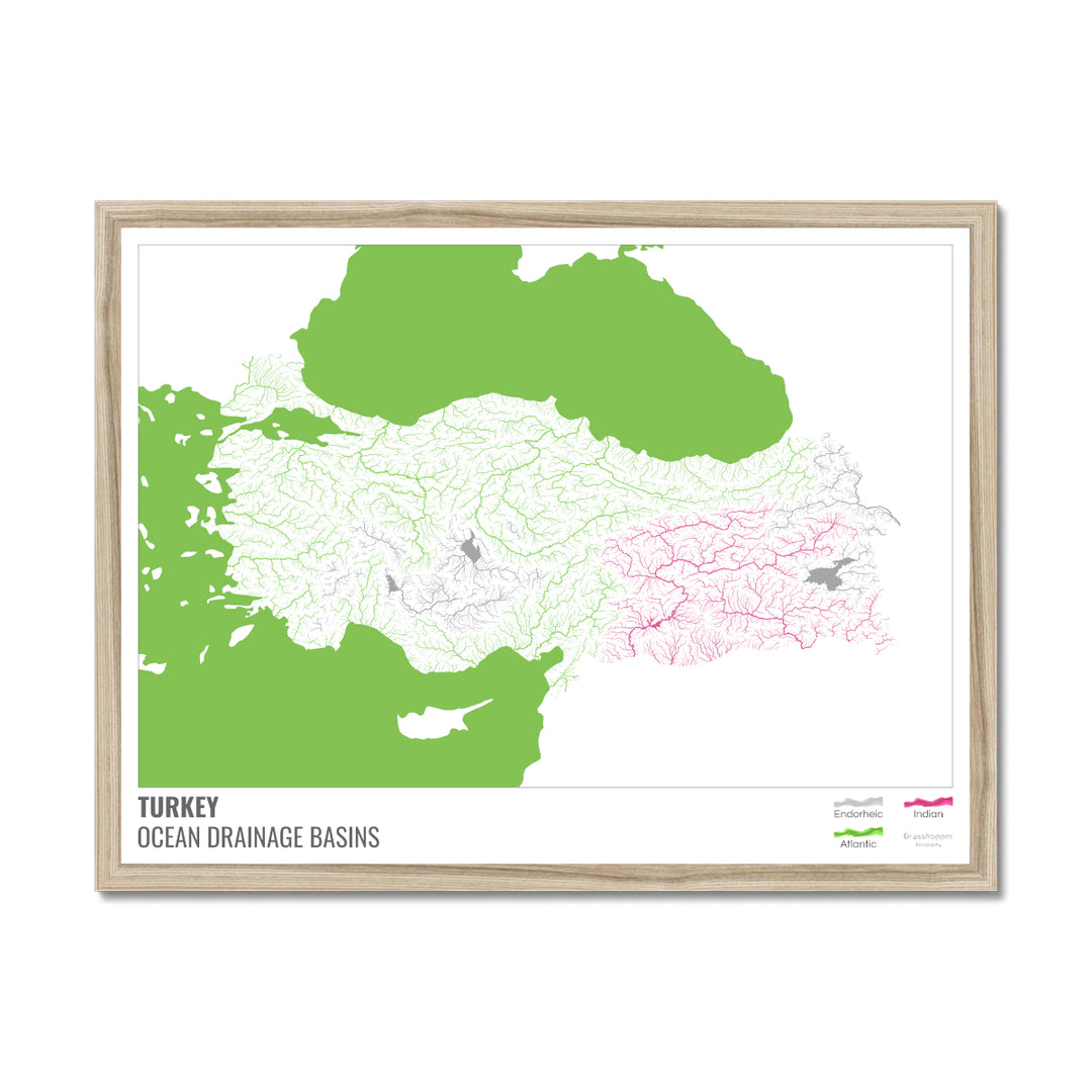 Turkey - Ocean drainage basin map, white with legend v2 - Framed Print