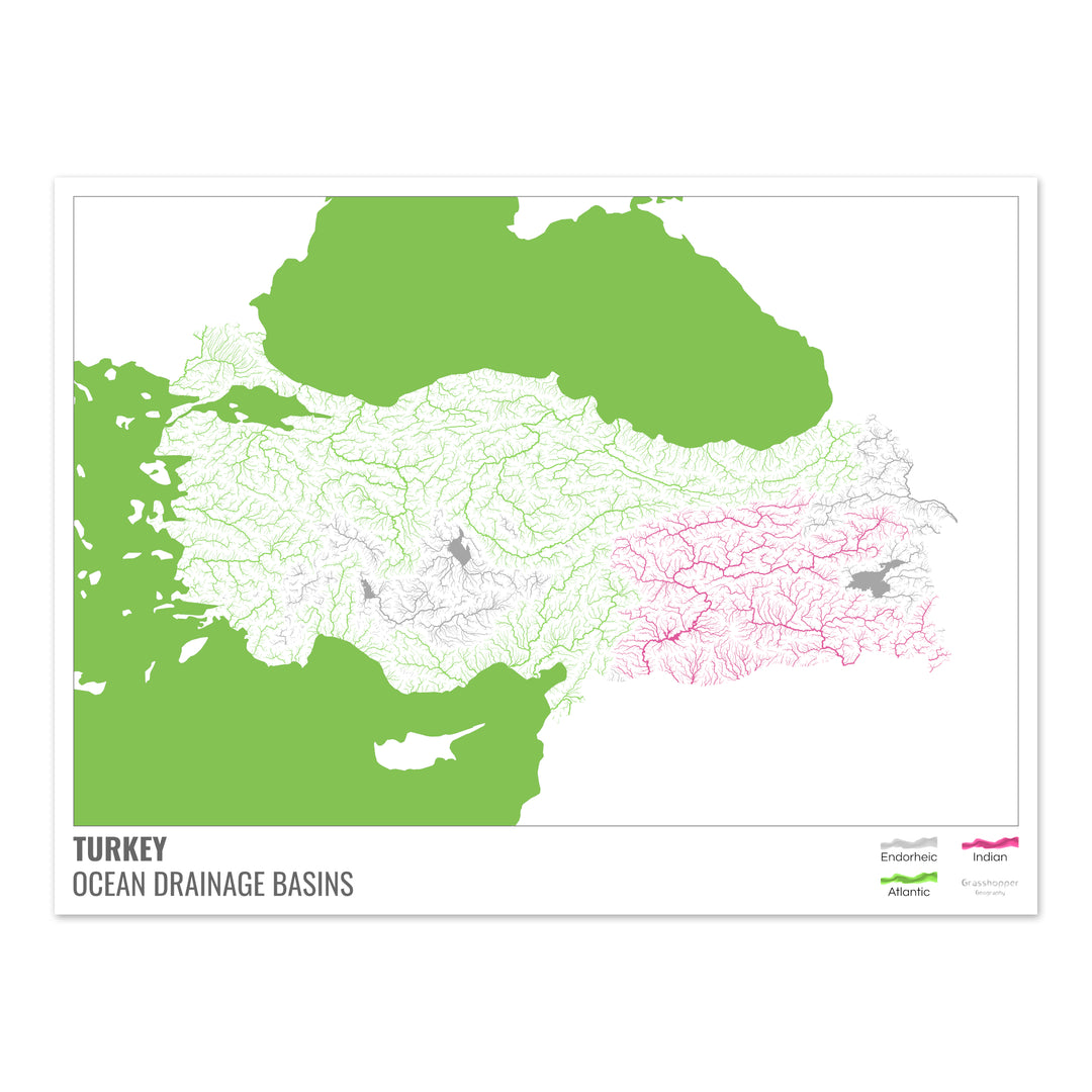Turquía - Mapa de la cuenca hidrográfica del océano, blanco con leyenda v2 - Impresión de bellas artes