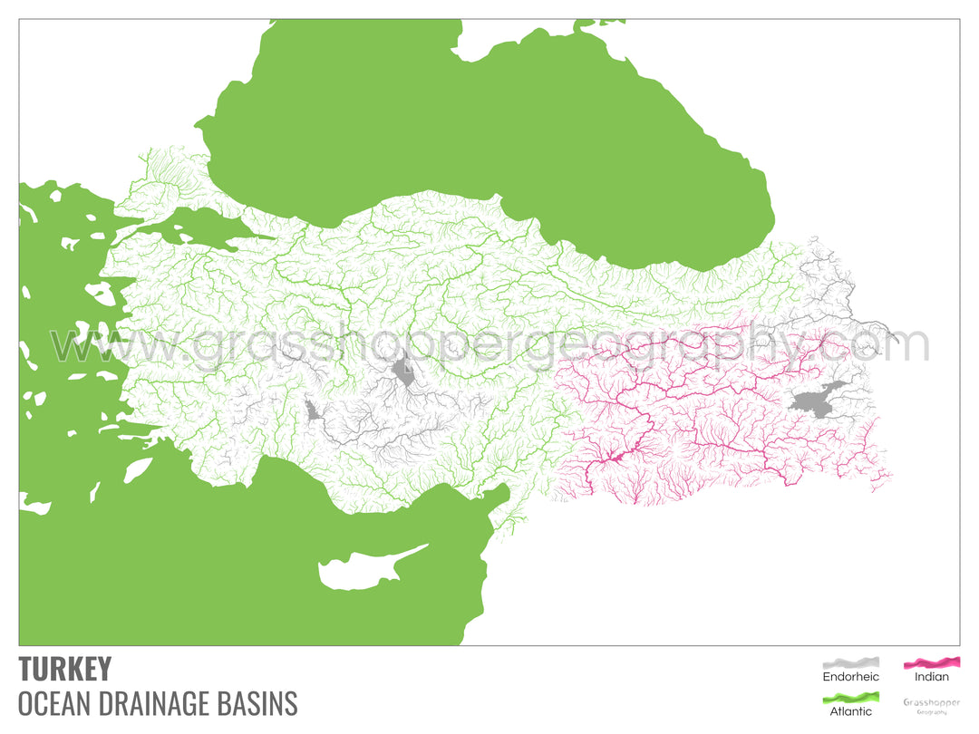 Turquía - Mapa de la cuenca hidrográfica del océano, blanco con leyenda v2 - Impresión de bellas artes