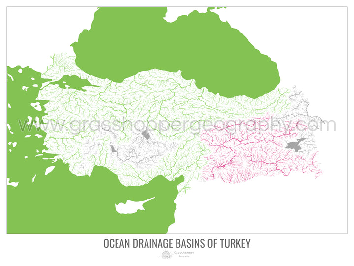 Turquía - Mapa de la cuenca hidrográfica del océano, blanco v2 - Impresión de bellas artes