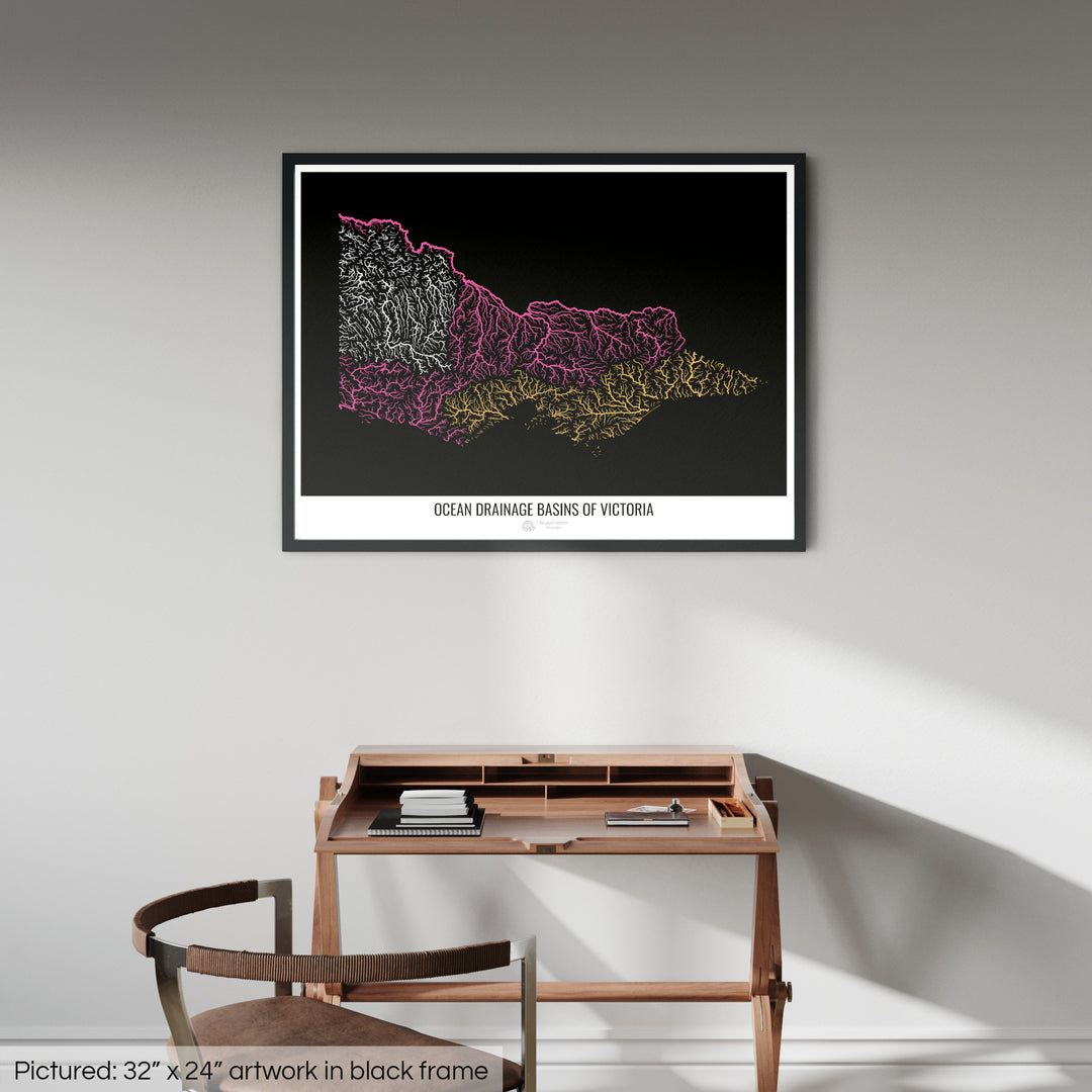 Victoria - Ocean drainage basin map, black v1 - Framed Print