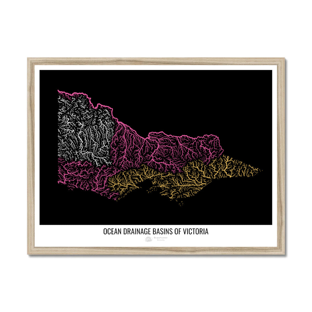 Victoria - Ocean drainage basin map, black v1 - Framed Print