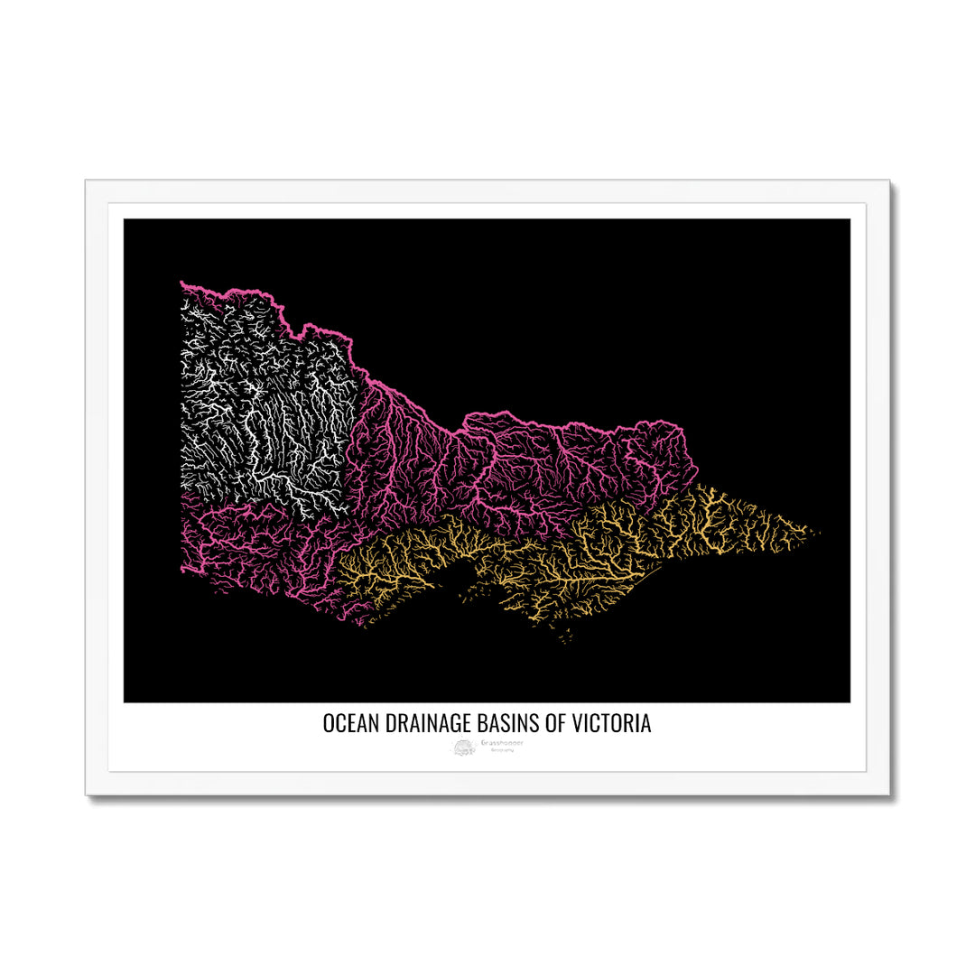 Victoria - Ocean drainage basin map, black v1 - Framed Print