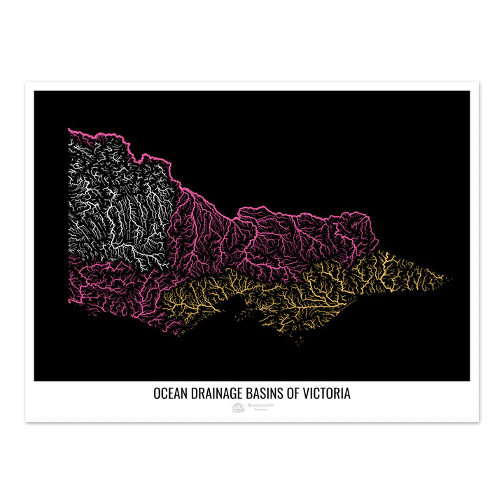 Victoria - Mapa de la cuenca hidrográfica del océano, negro v1 - Impresión de bellas artes