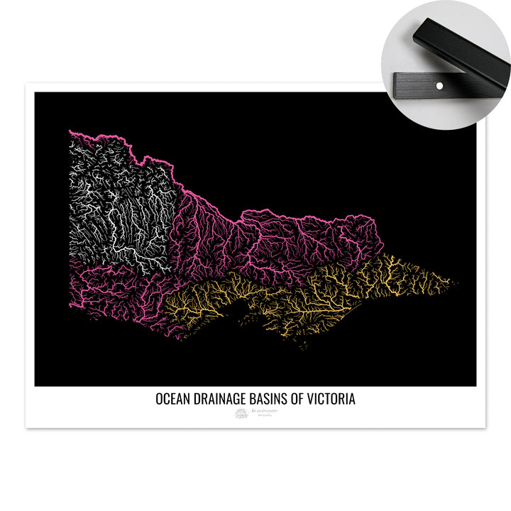 Victoria - Mapa de la cuenca hidrográfica del océano, negro v1 - Impresión artística con colgador