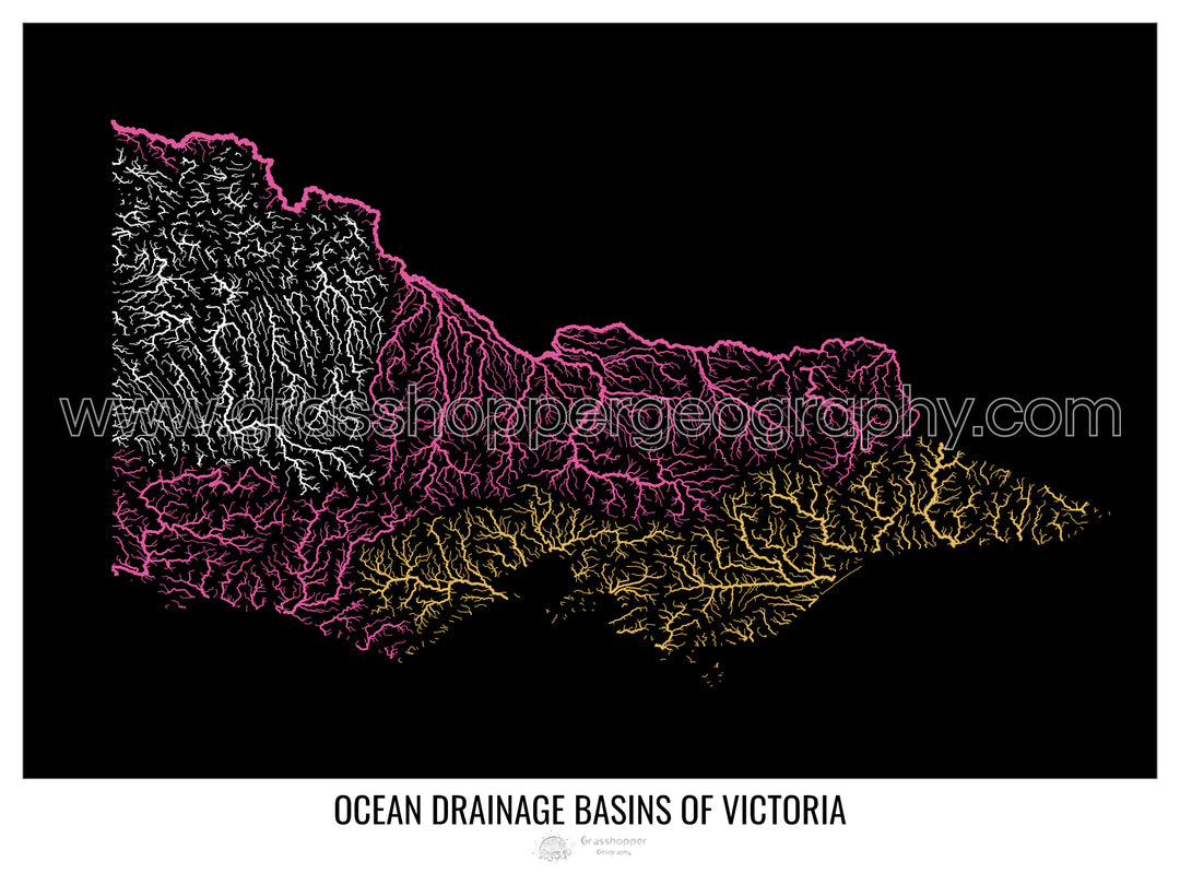 Victoria - Carte du bassin versant océanique, noir v1 - Tirage photo artistique