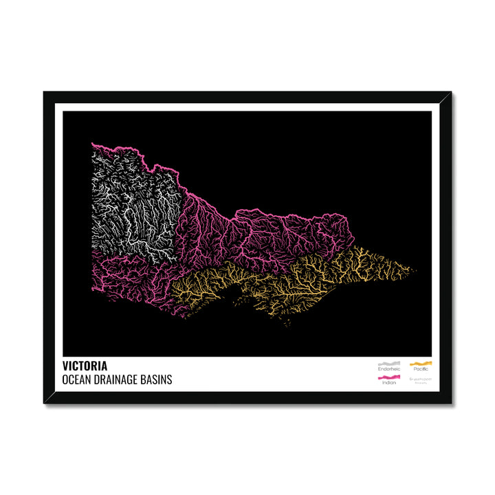 Victoria - Ocean drainage basin map, black with legend v1 - Framed Print