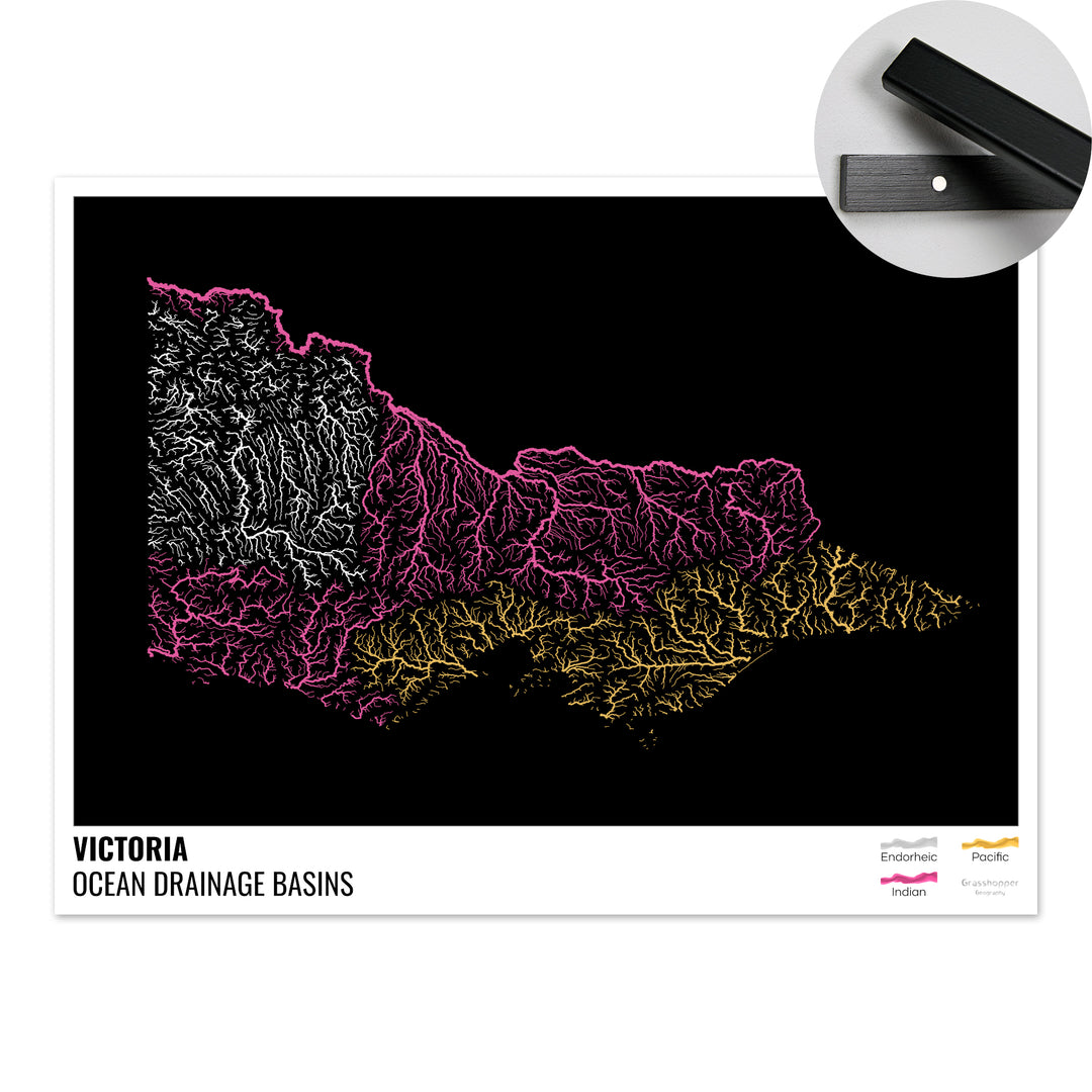 Victoria - Carte du bassin versant océanique, noire avec légende v1 - Tirage d'art avec cintre