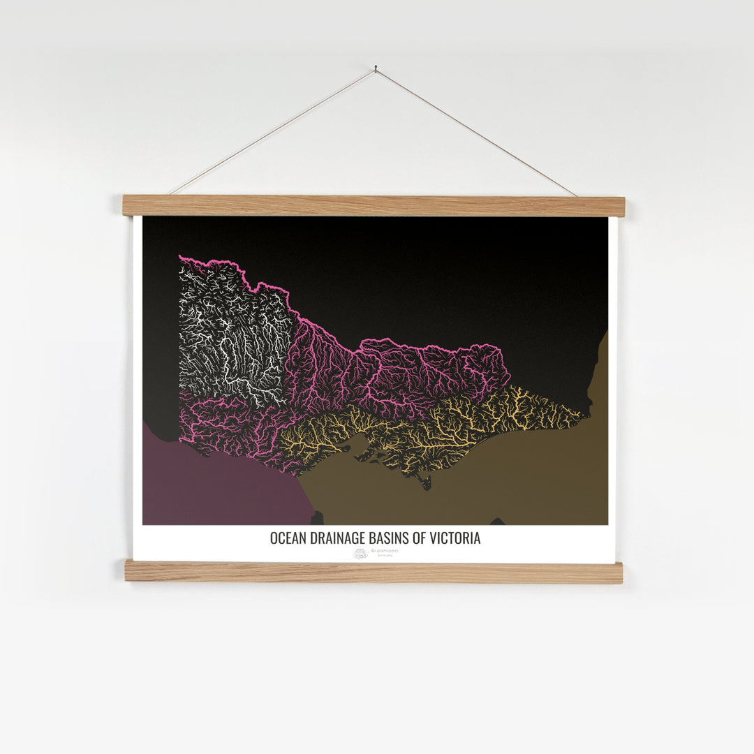 Victoria - Carte du bassin versant océanique, noir v2 - Tirage d'art avec cintre