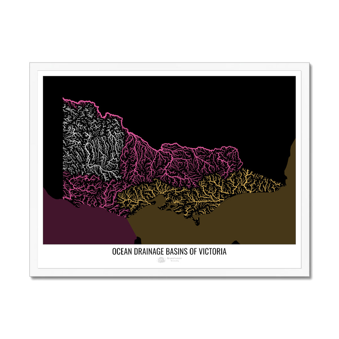 Victoria - Ocean drainage basin map, black v2 - Framed Print