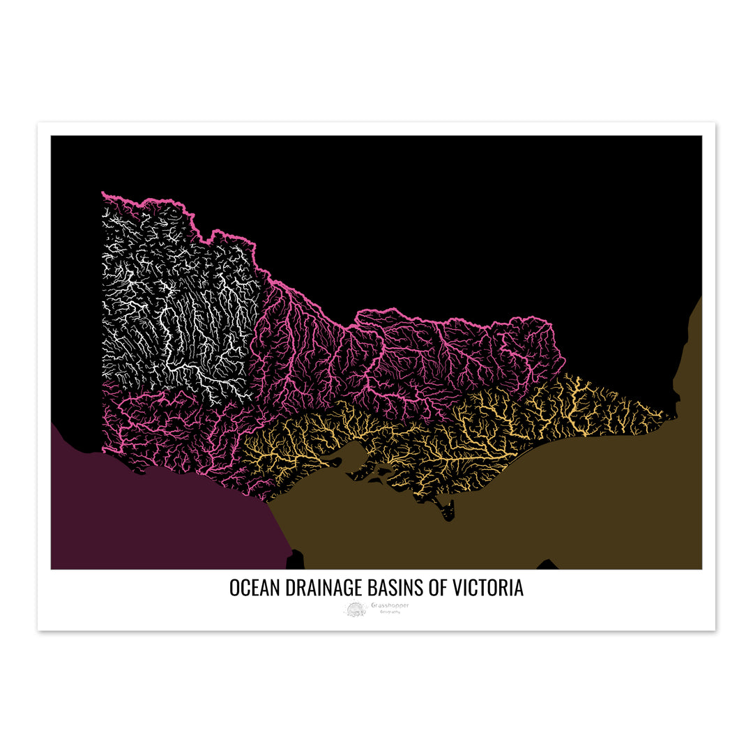 Victoria - Carte du bassin versant océanique, noir v2 - Tirage photo artistique