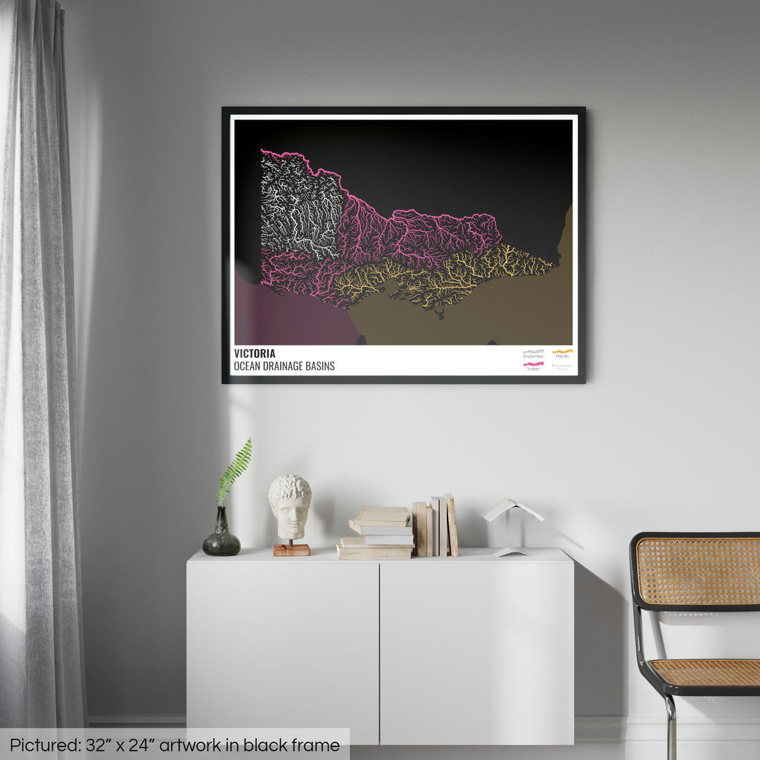 Victoria - Ocean drainage basin map, black with legend v2 - Framed Print