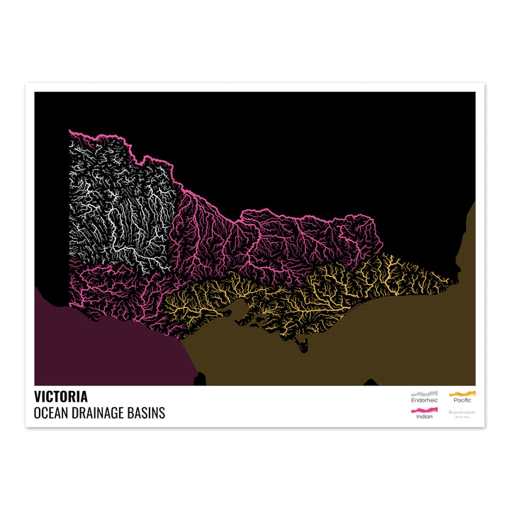 Victoria - Ocean drainage basin map, black with legend v2 - Photo Art Print