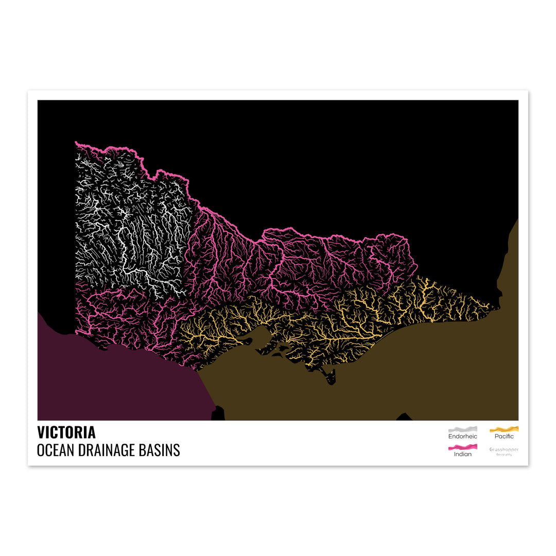 Victoria - Carte du bassin versant océanique, noire avec légende v2 - Tirage photo artistique