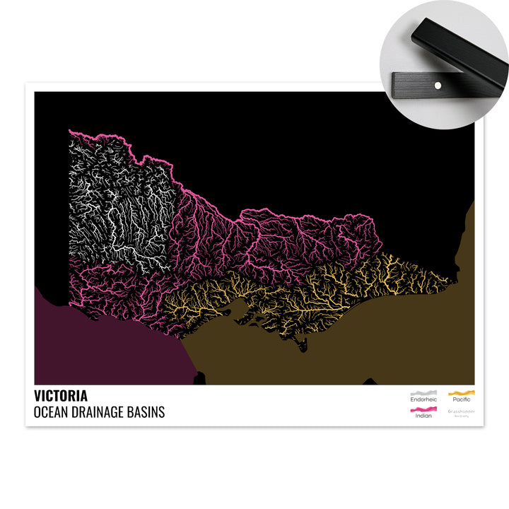 Victoria - Carte du bassin versant océanique, noire avec légende v2 - Tirage d'art avec cintre