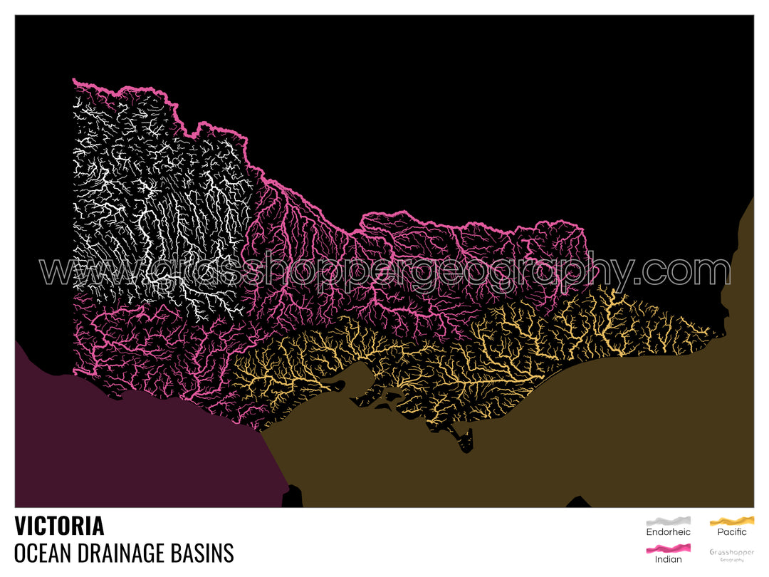 Victoria - Ocean drainage basin map, black with legend v2 - Fine Art Print