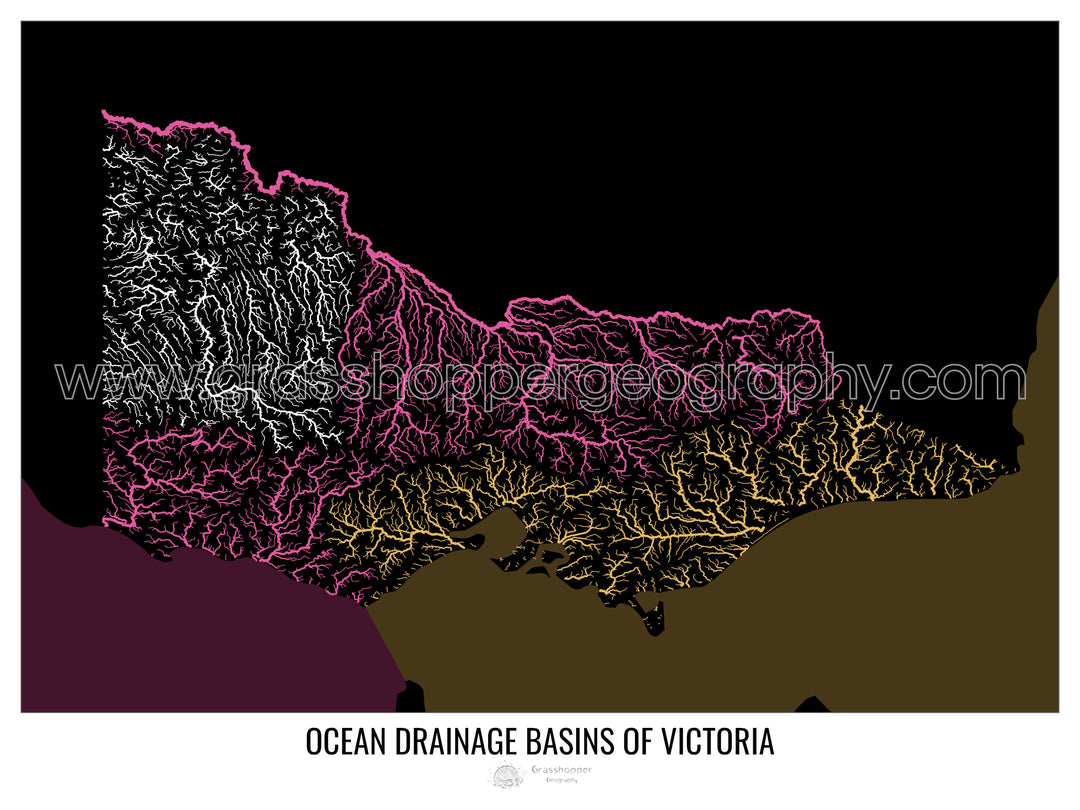 Victoria - Carte du bassin versant océanique, noir v2 - Fine Art Print