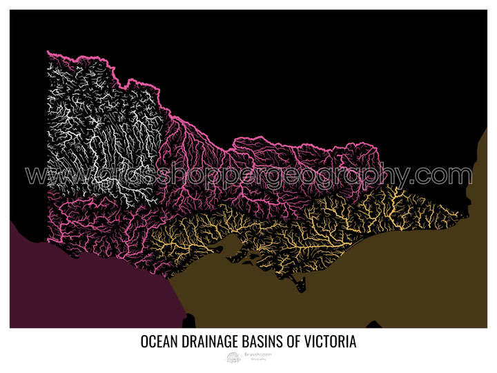 Victoria - Ocean drainage basin map, black v2 - Fine Art Print