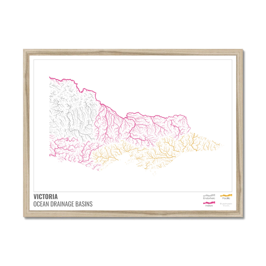 Victoria - Ocean drainage basin map, white with legend v1 - Framed Print