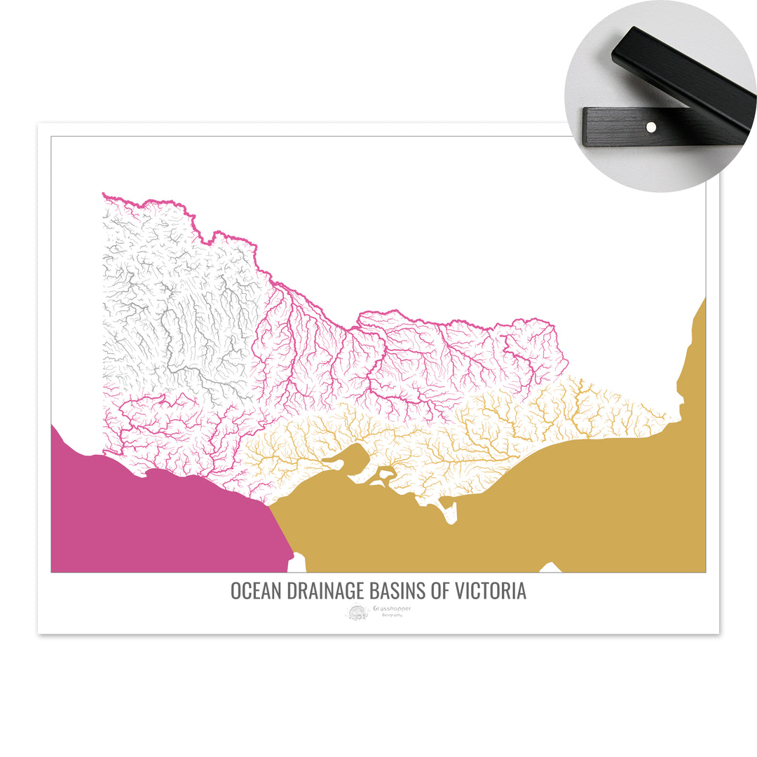 Victoria - Mapa de la cuenca hidrográfica del océano, blanco v2 - Impresión artística con colgador