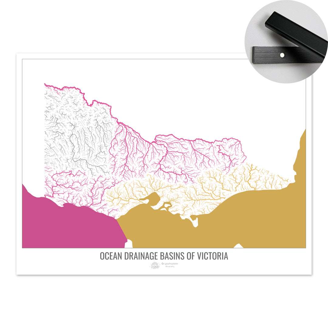 Victoria - Carte du bassin versant océanique, blanc v2 - Tirage d'art avec cintre