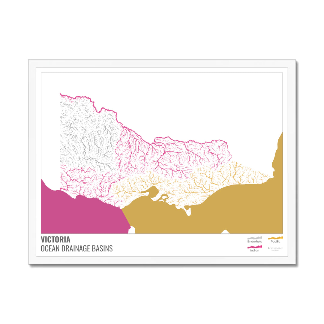 Victoria - Ocean drainage basin map, white with legend v2 - Framed Print
