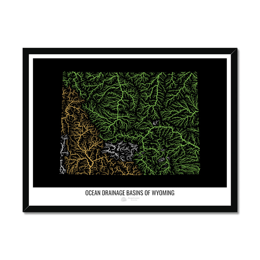Wyoming - Carte du bassin versant océanique, noir v1 - Impression encadrée