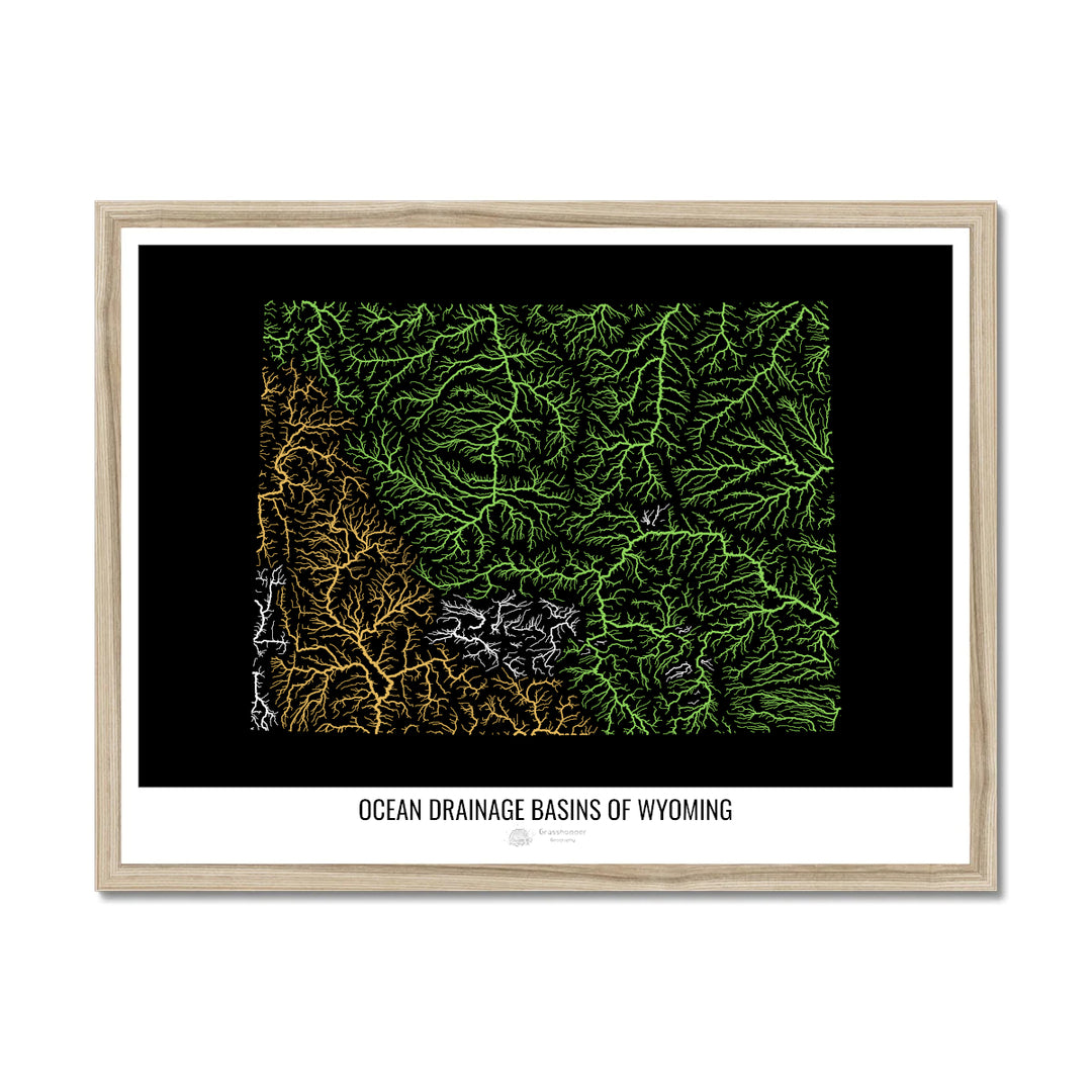 Wyoming - Ocean drainage basin map, black v1 - Framed Print