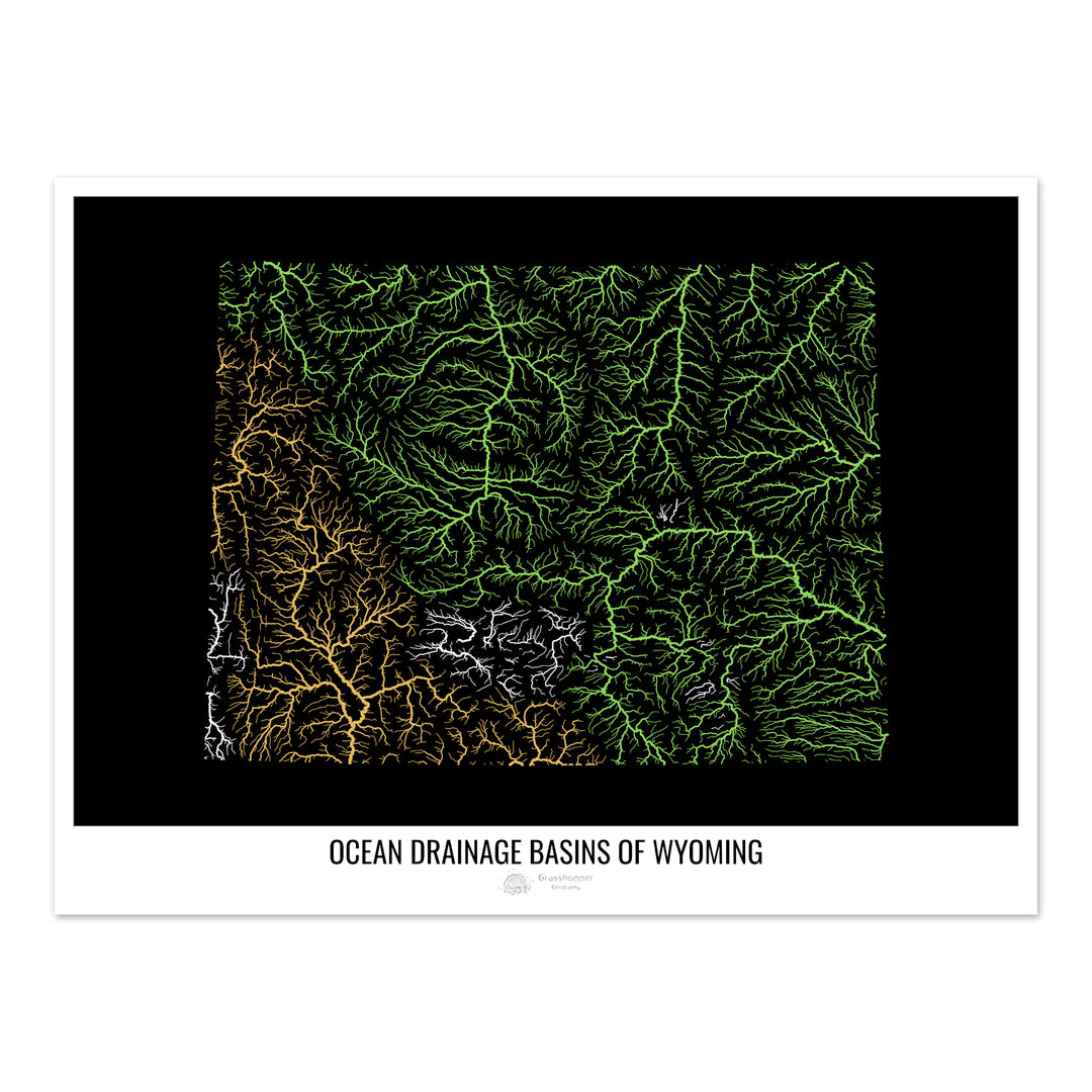 Wyoming - Carte du bassin versant océanique, noir v1 - Fine Art Print