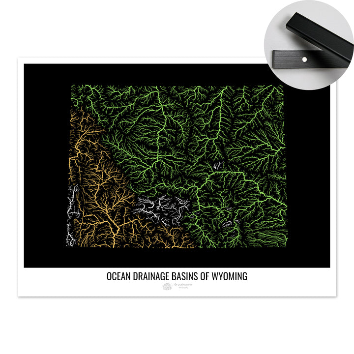 Wyoming - Mapa de la cuenca hidrográfica del océano, negro v1 - Impresión artística con colgador