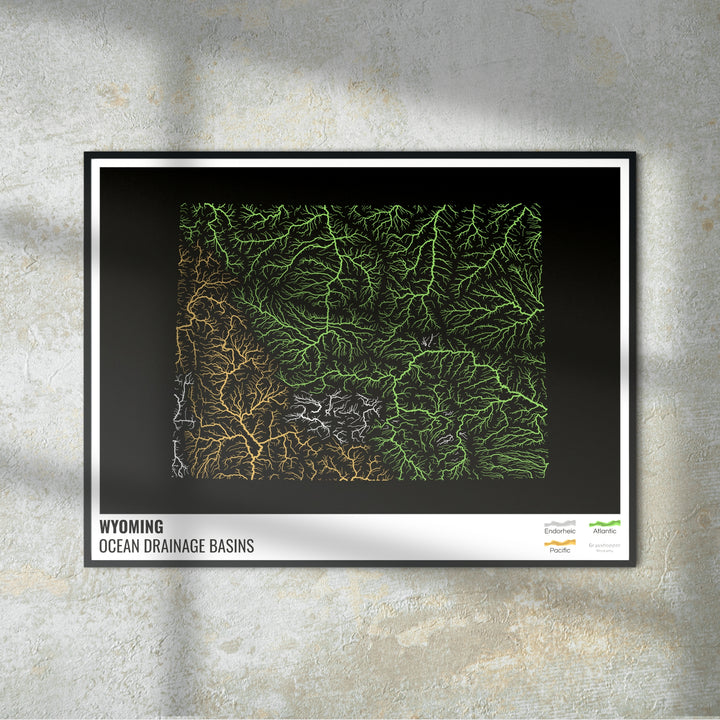 Wyoming - Mapa da bacia de drenagem oceânica, preto com legenda v1 - Impressão de arte fotográfica