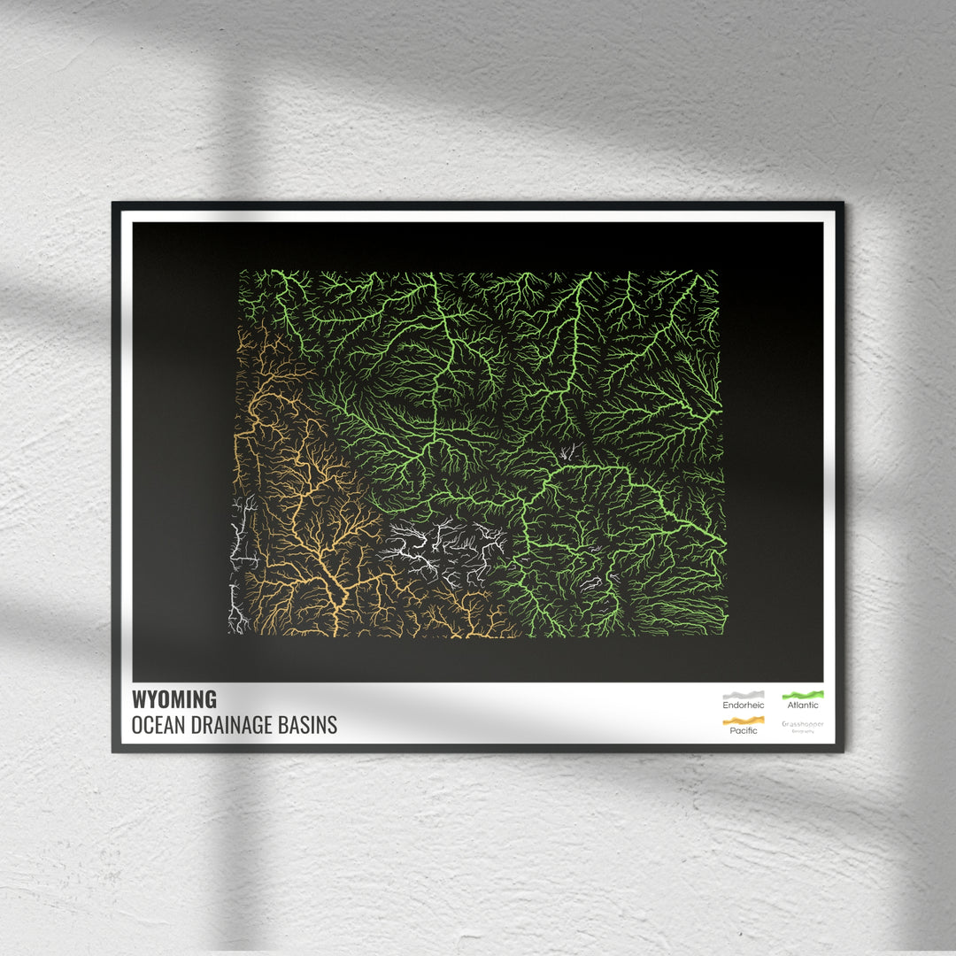 Wyoming - Carte du bassin versant océanique, noire avec légende v1 - Fine Art Print