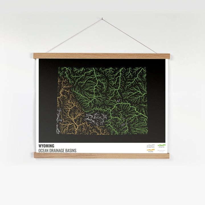 Wyoming - Mapa de la cuenca hidrográfica del océano, negro con leyenda v1 - Impresión artística con colgador